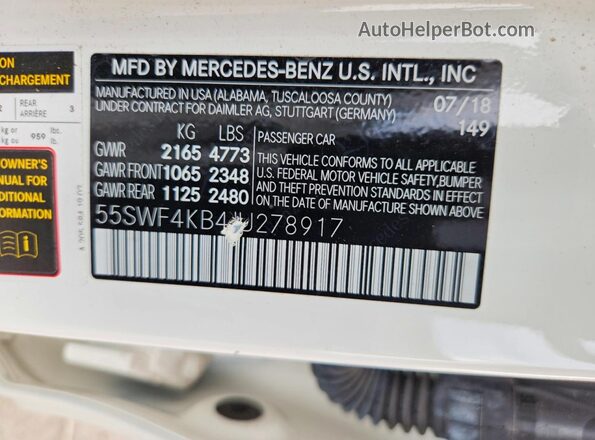 55SWF4KB4JU278917 2018 MERCEDES-BENZ C White Engine compartment view