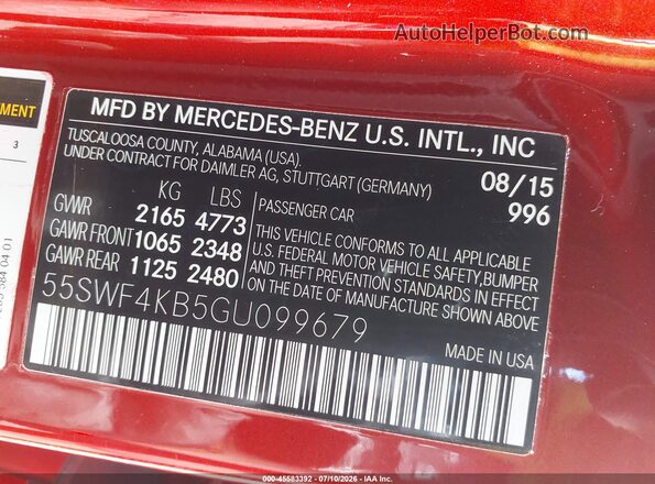 55SWF4KB5GU099679 2016 MERCEDES-BENZ C-CLASS Red Engine compartment view