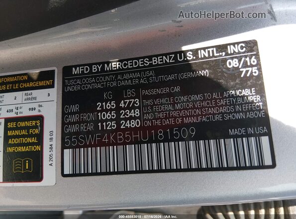 55SWF4KB5HU181509 2017 MERCEDES-BENZ C-CLASS Серебряный Вид подкапотного пространства