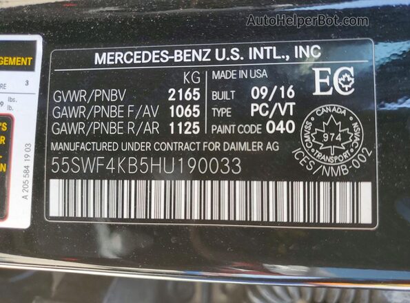 55SWF4KB5HU190033 2017 MERCEDES-BENZ C Black ძრავის განყოფილების ხედი