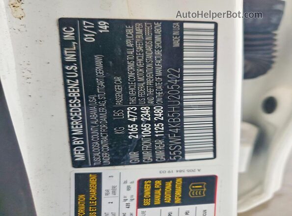 55SWF4KB5HU205422 2017 MERCEDES-BENZ C White Вид наклейки з VIN-кодом