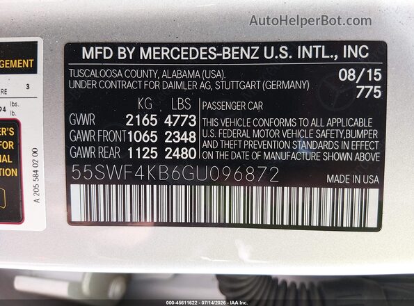 55SWF4KB6GU096872 2016 MERCEDES-BENZ C-CLASS Silver Vista del compartimento del motor