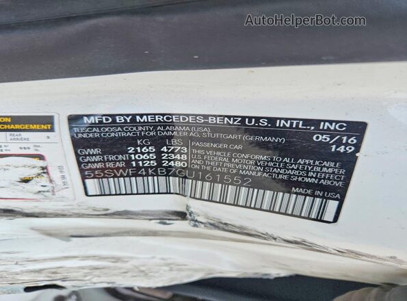 55SWF4KB7GU161552 2016 MERCEDES-BENZ C White Вид наклейки з VIN-кодом