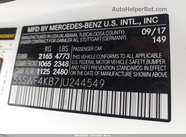 55SWF4KB7JU244549 2018 MERCEDES-BENZ C-CLASS White Вид підкапотного простору