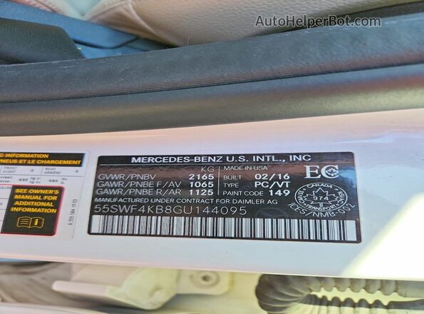 55SWF4KB8GU144095 2016 MERCEDES-BENZ C White Vista de la etiqueta del VIN