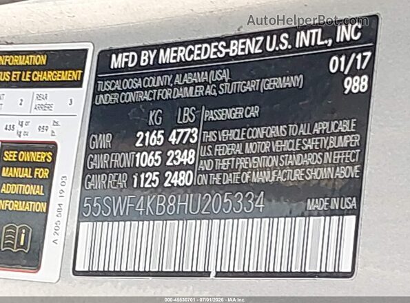 55SWF4KB8HU205334 2017 MERCEDES-BENZ C-CLASS Silver Вид підкапотного простору