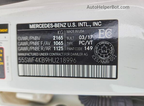 55SWF4KB9HU218996 2017 MERCEDES-BENZ C White Widok komory silnika