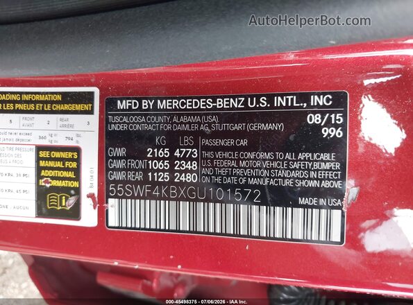 55SWF4KBXGU101572 2016 MERCEDES-BENZ C-CLASS Red Շարժիչի բաժամունքի տեսք