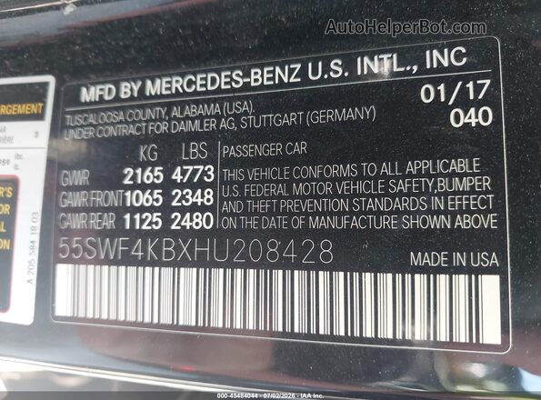 55SWF4KBXHU208428 2017 MERCEDES-BENZ C-CLASS Black Widok komory silnika