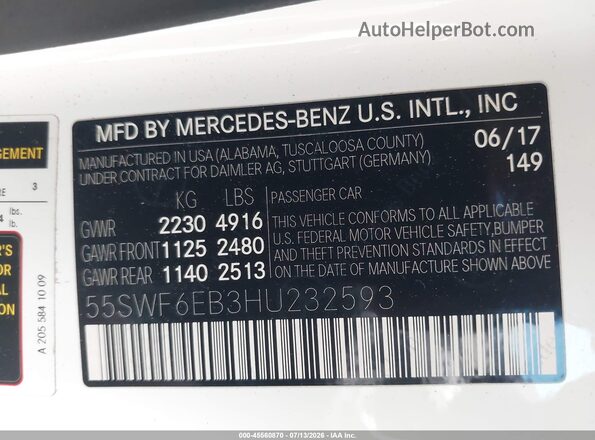55SWF6EB3HU232593 2017 MERCEDES-BENZ AMG C 43 White ძრავის განყოფილების ხედი