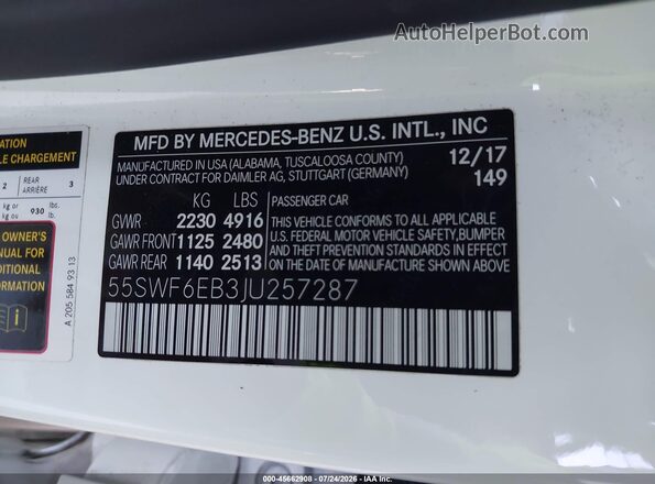 55SWF6EB3JU257287 2018 MERCEDES-BENZ AMG C 43 White Widok komory silnika