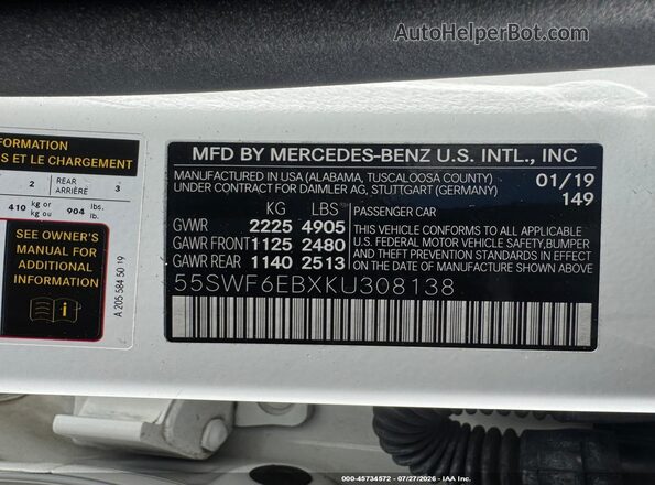 55SWF6EBXKU308138 2019 MERCEDES-BENZ AMG C 43 White Vista del compartimento del motor