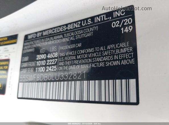 55SWF8DB0LU332821 2020 MERCEDES-BENZ C-CLASS Белый Вид подкапотного пространства