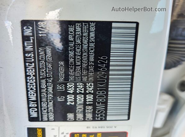 55SWF8DB1KU296426 2019 MERCEDES-BENZ C White ძრავის განყოფილების ხედი
