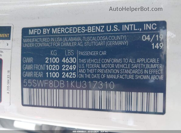 55SWF8DB1KU317310 2019 MERCEDES-BENZ C-CLASS White Widok komory silnika