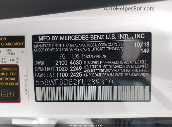 55SWF8DB2KU289310 2019 MERCEDES-BENZ C-CLASS White ძრავის განყოფილების ხედი