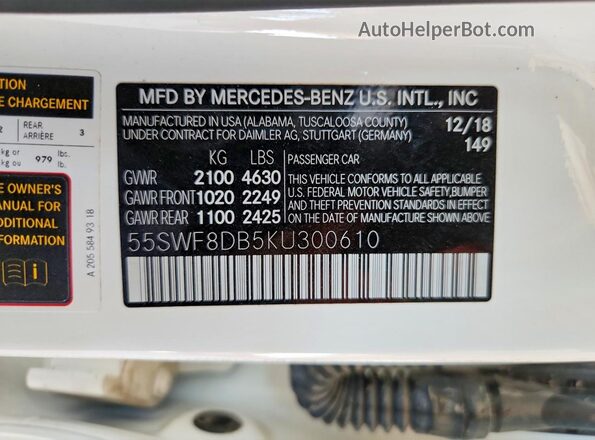 55SWF8DB5KU300610 2019 MERCEDES-BENZ C White Vista del compartimento del motor