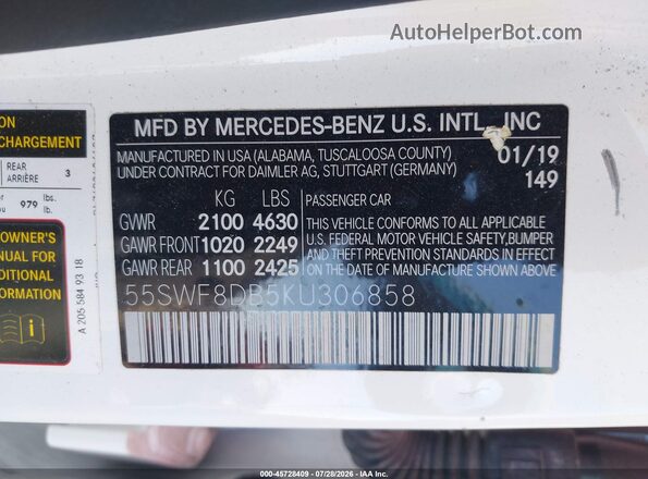 55SWF8DB5KU306858 2019 MERCEDES-BENZ C-CLASS White Вид підкапотного простору
