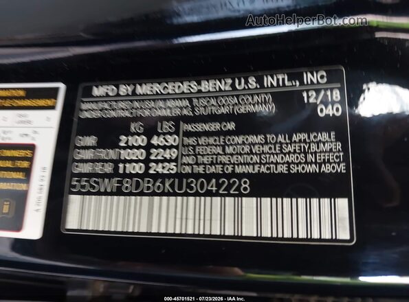 55SWF8DB6KU304228 2019 MERCEDES-BENZ C-CLASS Black ძრავის განყოფილების ხედი