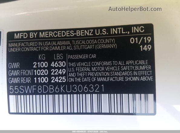 55SWF8DB6KU306321 2019 MERCEDES-BENZ C-CLASS White Widok komory silnika