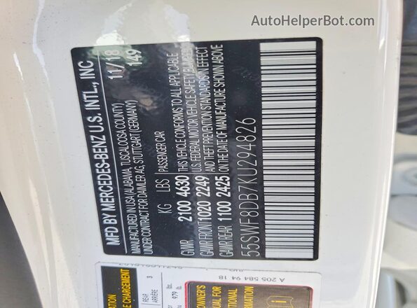 55SWF8DB7KU294826 2019 MERCEDES-BENZ C White Widok naklejki z numerem VIN
