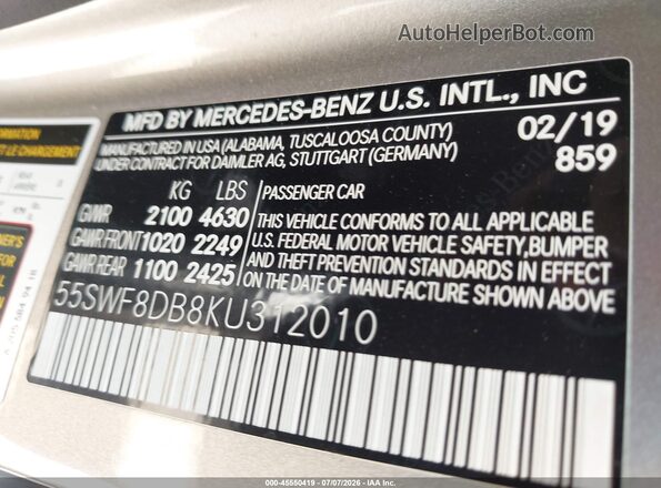 55SWF8DB8KU312010 2019 MERCEDES-BENZ C-CLASS Gray ძრავის განყოფილების ხედი