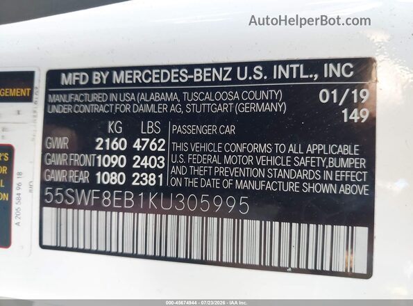 55SWF8EB1KU305995 2019 MERCEDES-BENZ C-CLASS White Вид підкапотного простору