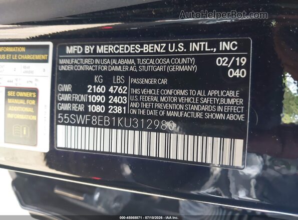 55SWF8EB1KU312980 2019 MERCEDES-BENZ C-CLASS Black Вид підкапотного простору