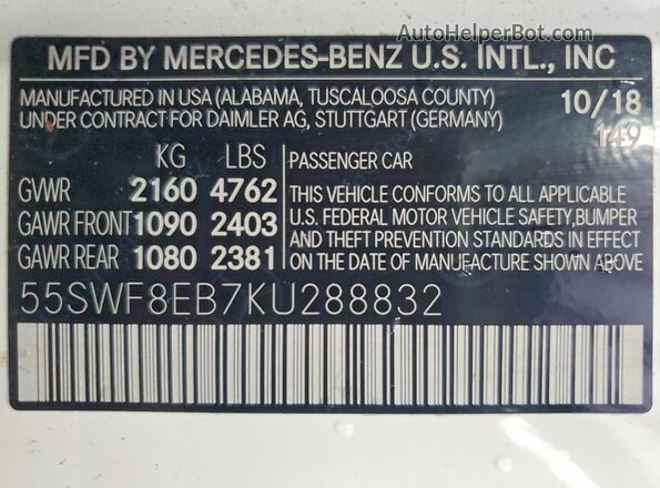 55SWF8EB7KU288832 2019 MERCEDES-BENZ C White Շարժիչի բաժամունքի տեսք