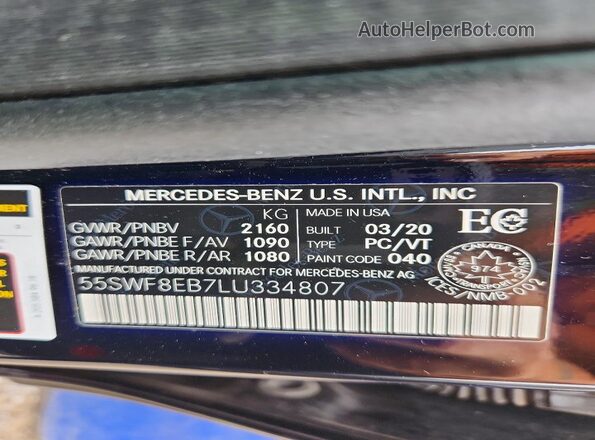 55SWF8EB7LU334807 2020 MERCEDES-BENZ C Black Vista de la etiqueta del VIN
