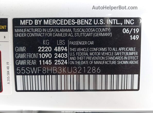 55SWF8HB3KU321286 2019 MERCEDES-BENZ AMG C 63 White ძრავის განყოფილების ხედი