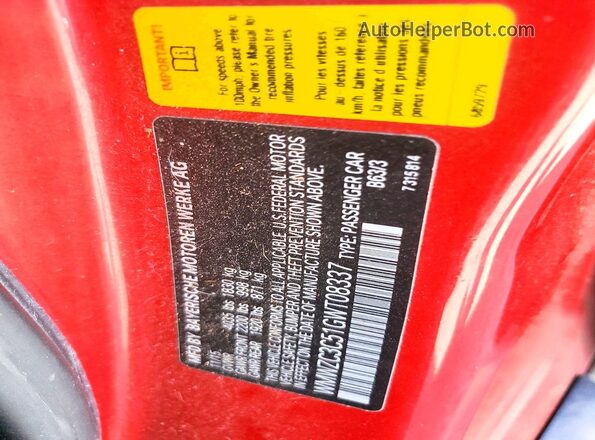 WMWZC3C51GWT08337 2016 MINI COOPER Red VIN კოდის სტიკერის ხედი