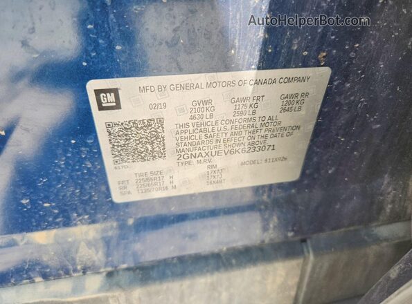 2GNAXUEV6K6233071 2019 CHEVROLET EQUINOX Синий Панорамный вид салона 360°