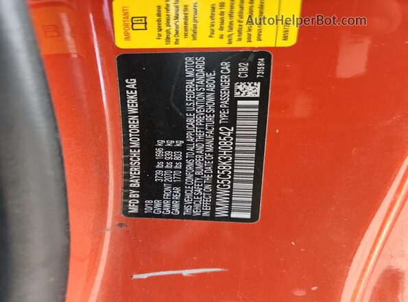 WMWWG5C58K3H08542 2019 MINI COOPER Red VIN კოდის სტიკერის ხედი
