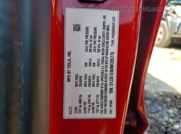 5YJ3E1EB4NF285776 2022 TESLA MODEL 3 Красный Вид наклейки с VIN-кодом