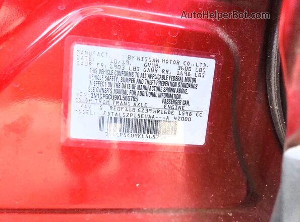 3N1CP5CU9KL565795 2019 NISSAN KICKS Red Vista de la etiqueta del VIN