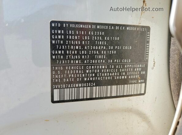 3VV3B7AX6MM063524 2021 VOLKSWAGEN TIGUAN White Vista interior de 360 grados