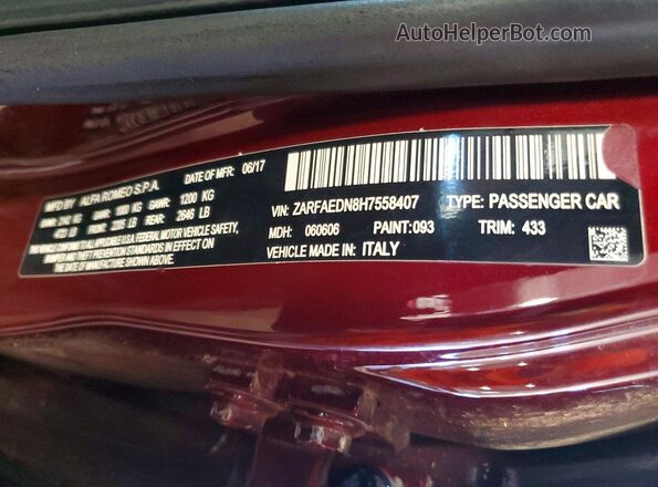 ZARFAEDN8H7558407 2017 ALFA ROMEO GIULIA Maroon Widok naklejki z numerem VIN