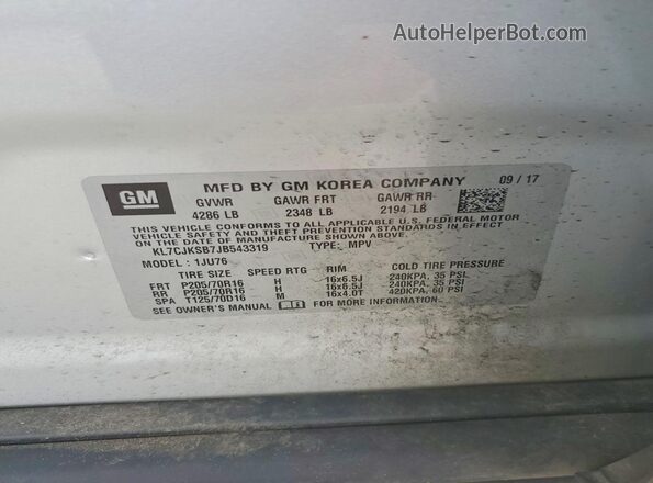 KL7CJKSB7JB543319 2018 CHEVROLET TRAX Silver Панорамний вид салону 360°