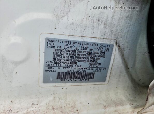 3N1CN7AP6JL828998 2018 NISSAN VERSA White Vista de la etiqueta del VIN
