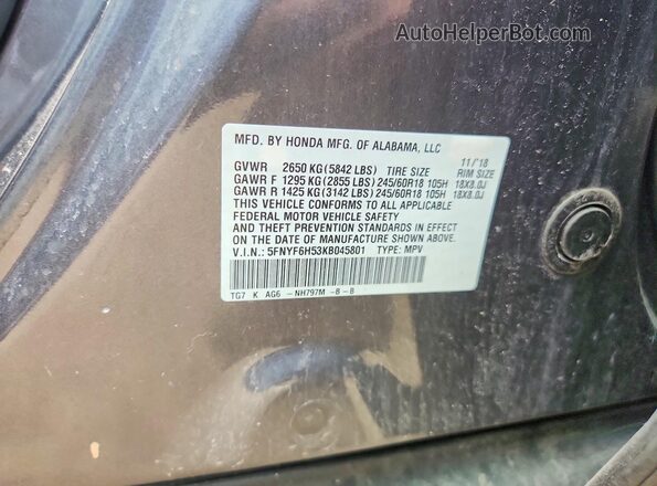 5FNYF6H53KB045801 2019 HONDA PILOT Silver Панорамний вид салону 360°