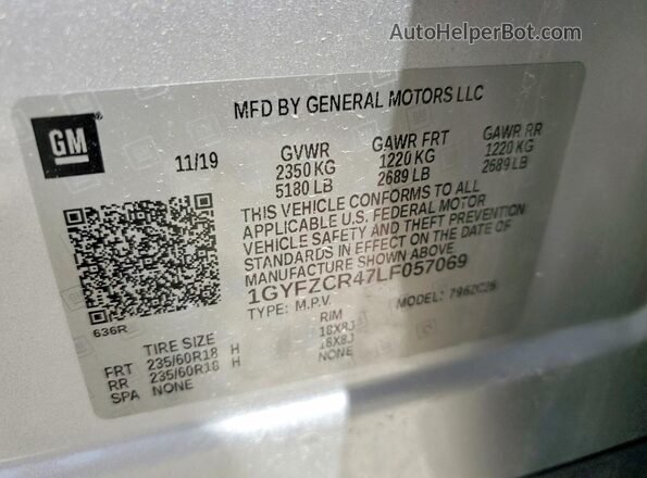 1GYFZCR47LF057069 2020 CADILLAC XT4 Серебряный Вид наклейки с VIN-кодом