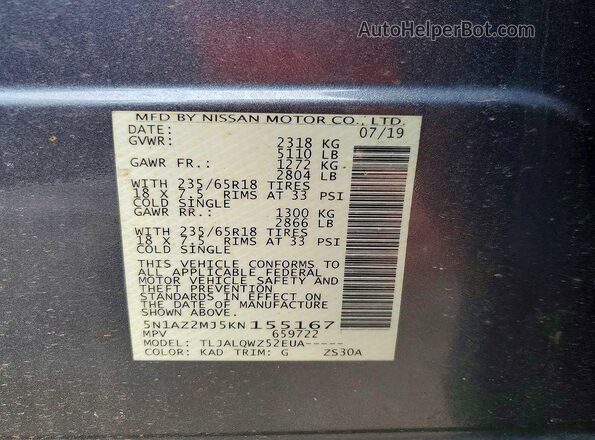 5N1AZ2MJ5KN155167 2019 NISSAN MURANO Charcoal 360 interior view