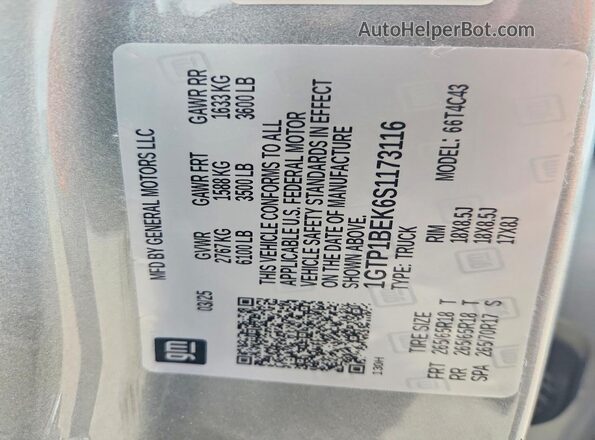 1GTP1BEK6S1173116 2025 GMC CANYON Серый Вид наклейки с VIN-кодом