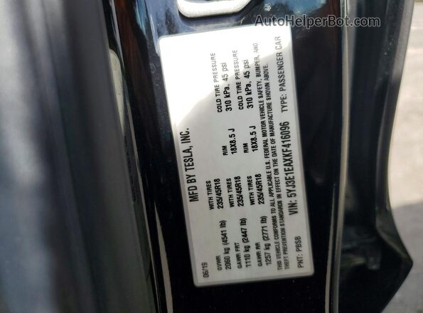 5YJ3E1EAXKF416096 2019 TESLA MODEL 3 Black Вид наклейки з VIN-кодом