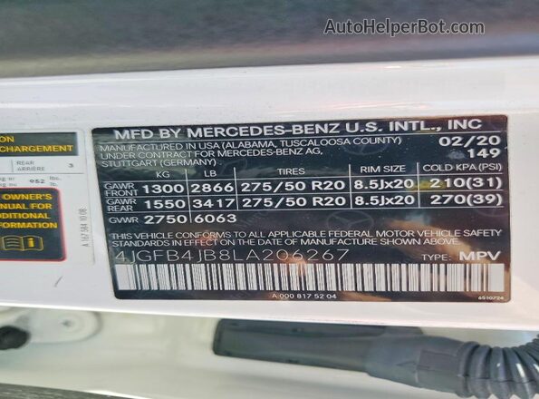 4JGFB4JB8LA206267 2020 MERCEDES-BENZ GLE-CLASS Белый Панорамный вид салона 360°