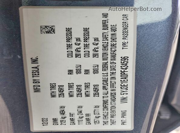 5YJ3E1EA0PF434596 2023 TESLA MODEL Gray VIN կոդի պիտակի տեսք