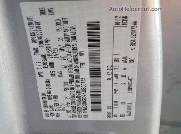 1FMCU0GD9KUB06755 2019 FORD ESCAPE Silver Панорамний вид салону 360°