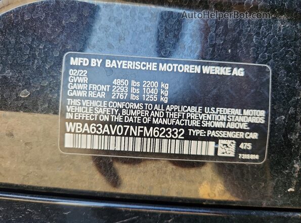 WBA63AV07NFM62332 2022 BMW 4 SERIES Black Вид наклейки з VIN-кодом