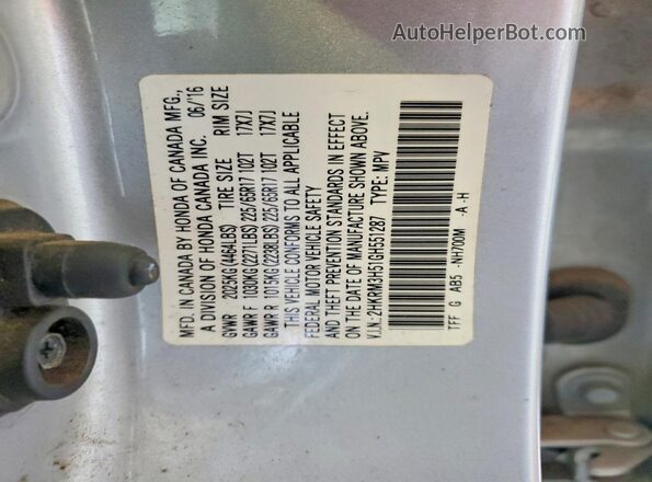 2HKRM3H51GH551287 2016 HONDA CR-V Silver VIN sticker view